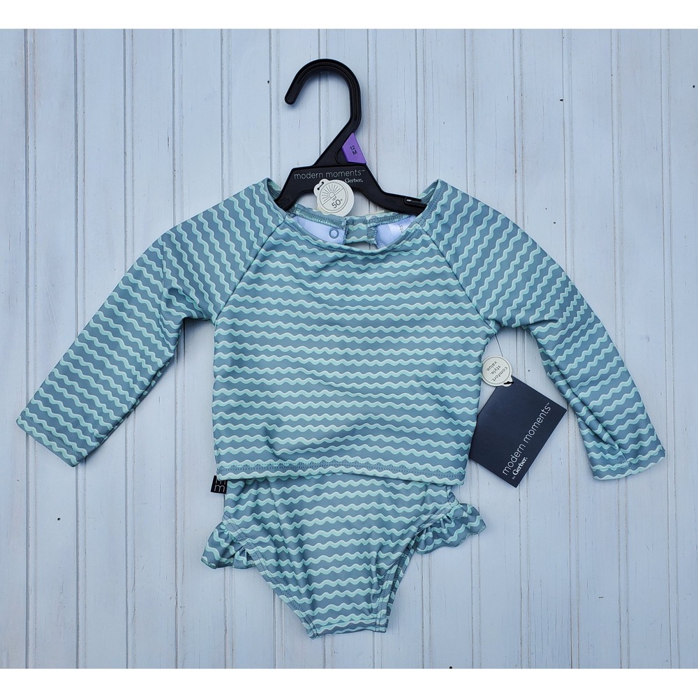 Modern Moments Gerber Baby Girls 12M Rash Guard Swimsuit Set Green Wavy UPF 50+